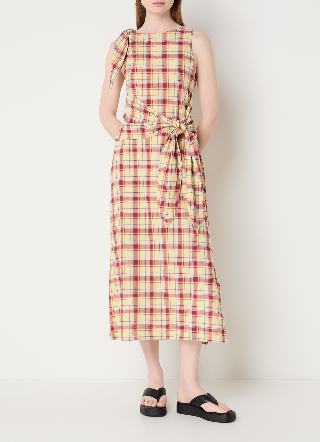 Damson Madder Estelle midi jurk met ruitdessin en gestrikt detail - detail 4 geel