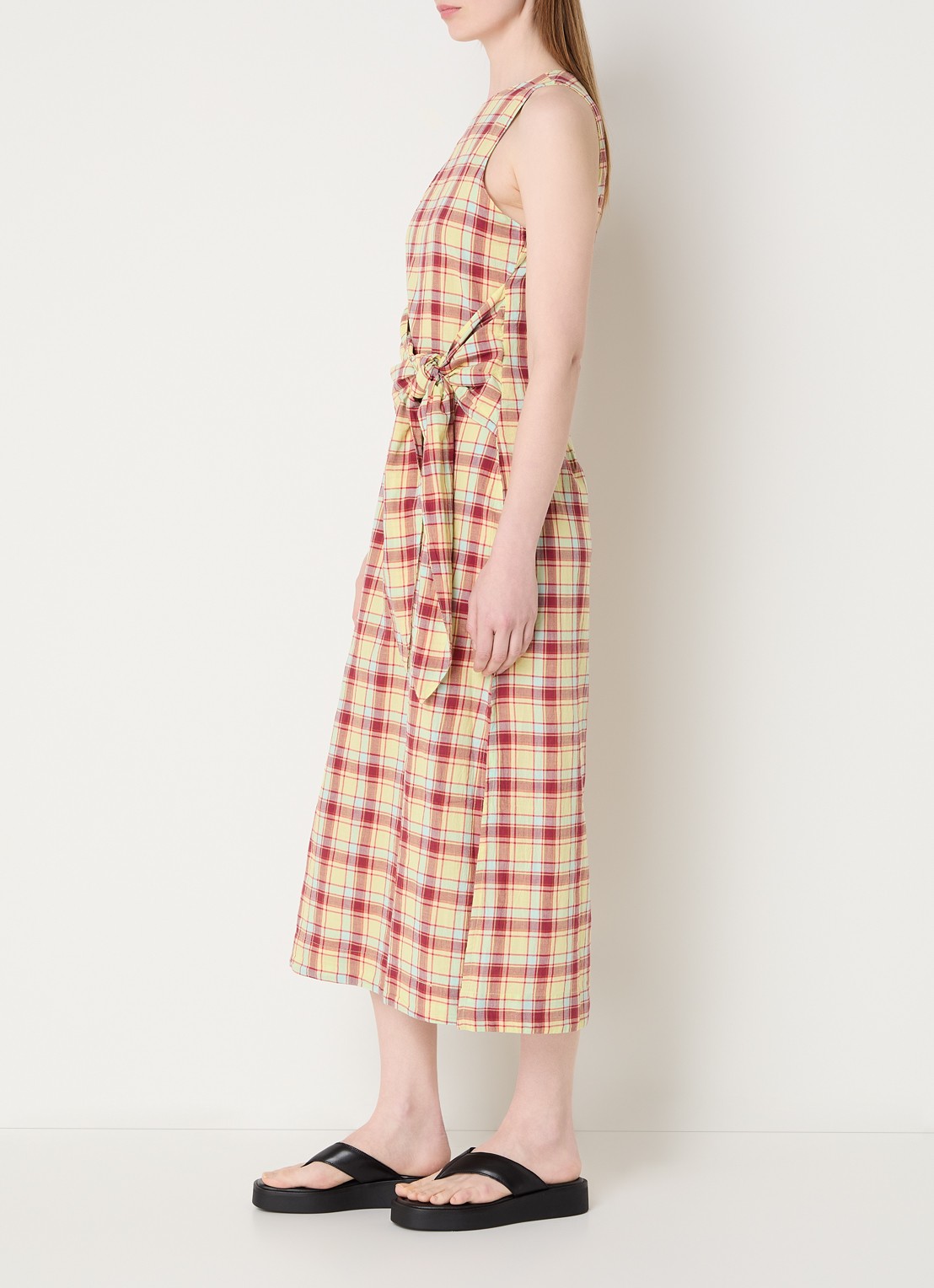 Damson Madder Estelle midi jurk met ruitdessin en gestrikt detail - voorkant 3 geel