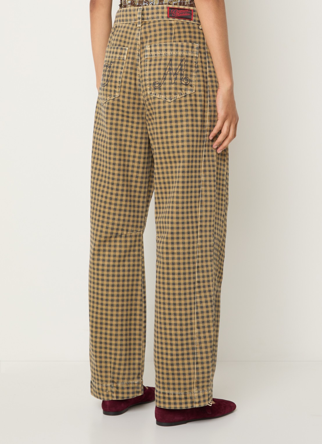 Damson Madder Felix high waist wide leg jeans met gekleurde wassing en ruitdessin - achterkant 5 mosterd