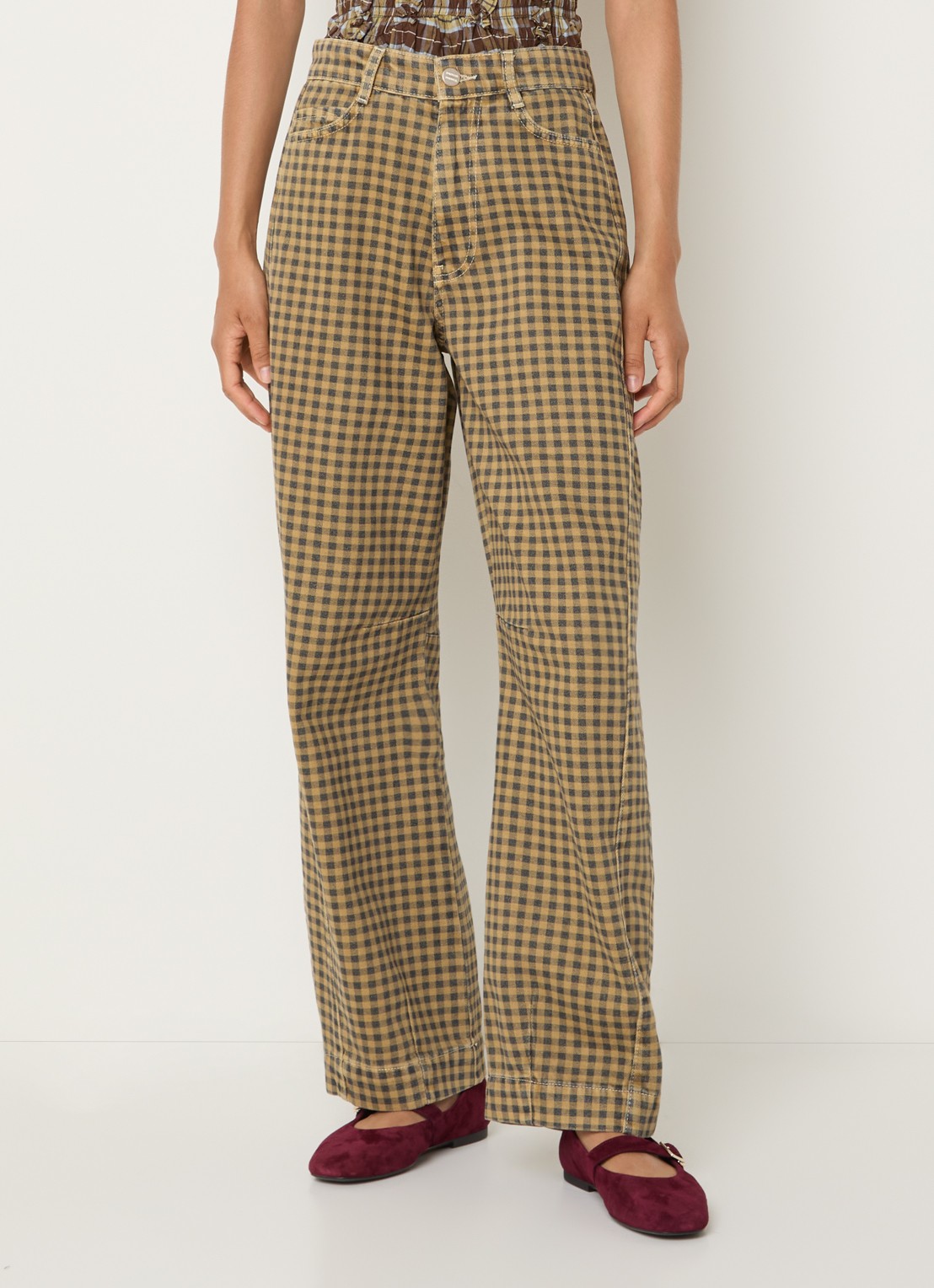 Damson Madder Felix high waist wide leg jeans met gekleurde wassing en ruitdessin - detail 3 mosterd