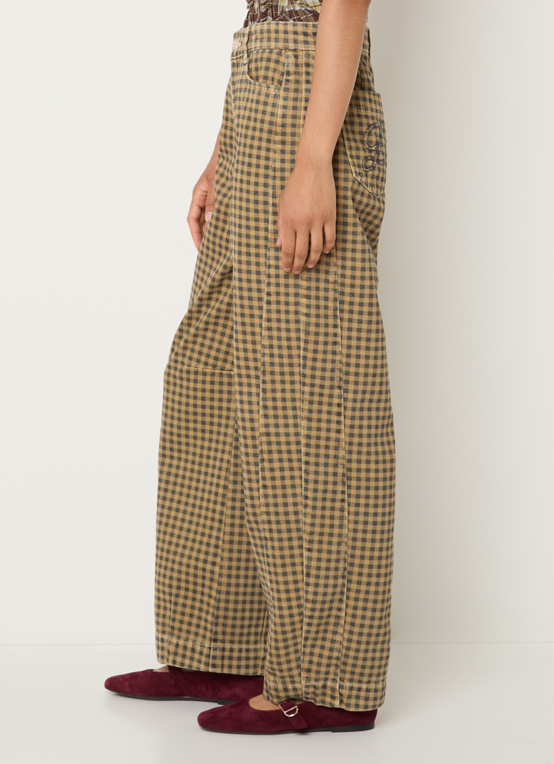 Damson Madder Felix high waist wide leg jeans met gekleurde wassing en ruitdessin - detail 4 mosterd