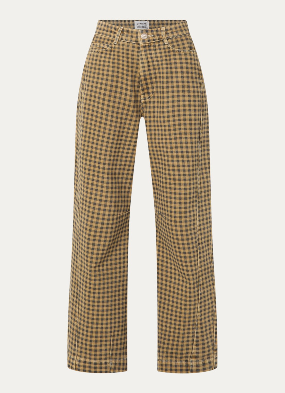 Damson Madder Felix high waist wide leg jeans met gekleurde wassing en ruitdessin - voorkant mosterd