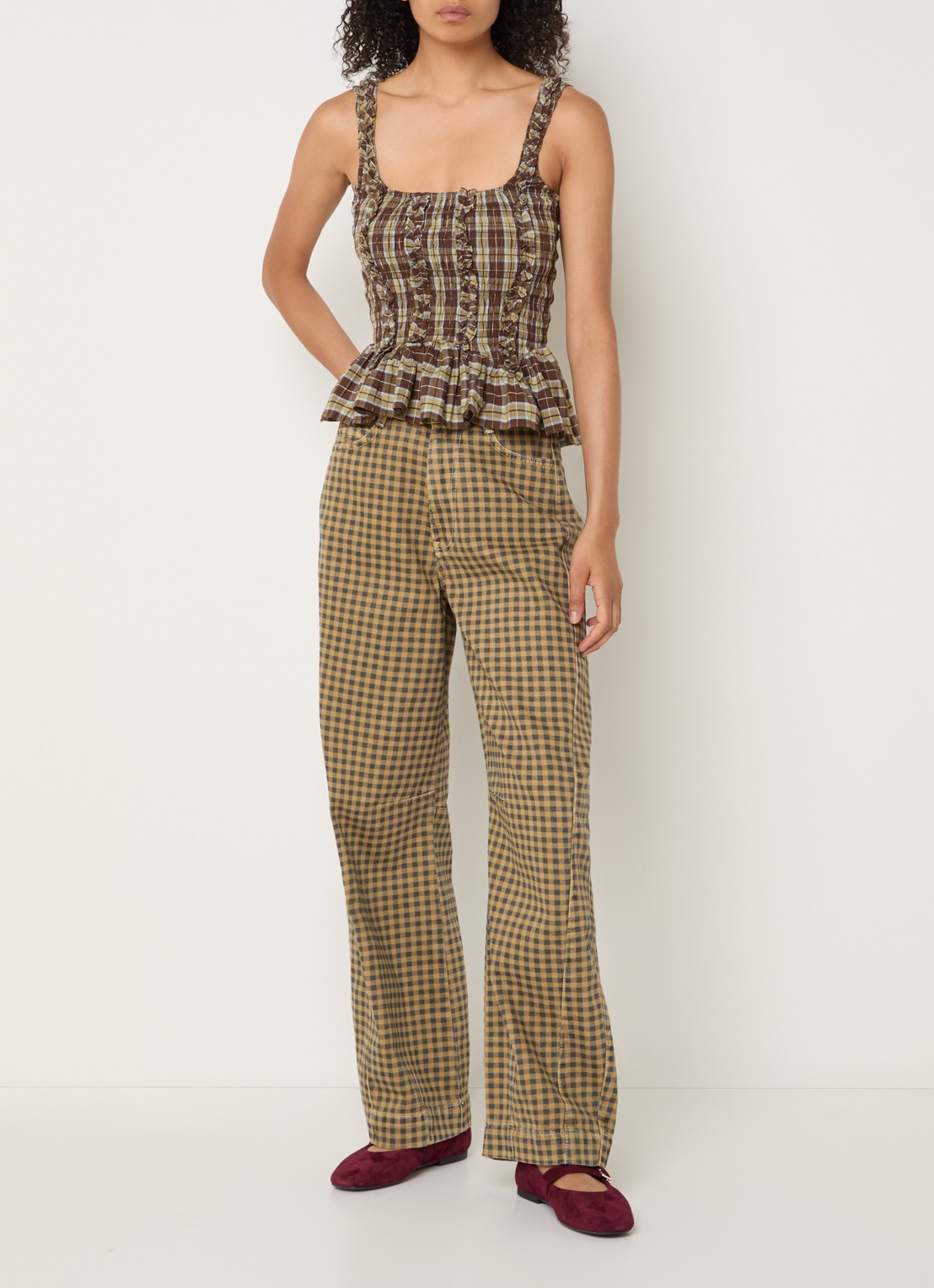 Damson Madder Felix high waist wide leg jeans met gekleurde wassing en ruitdessin - voorkant 2 mosterd