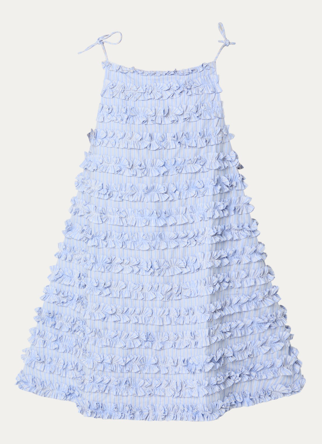 Damson Madder Leili mini jurk met ruches en streepprint - voorkant blauwgrijs