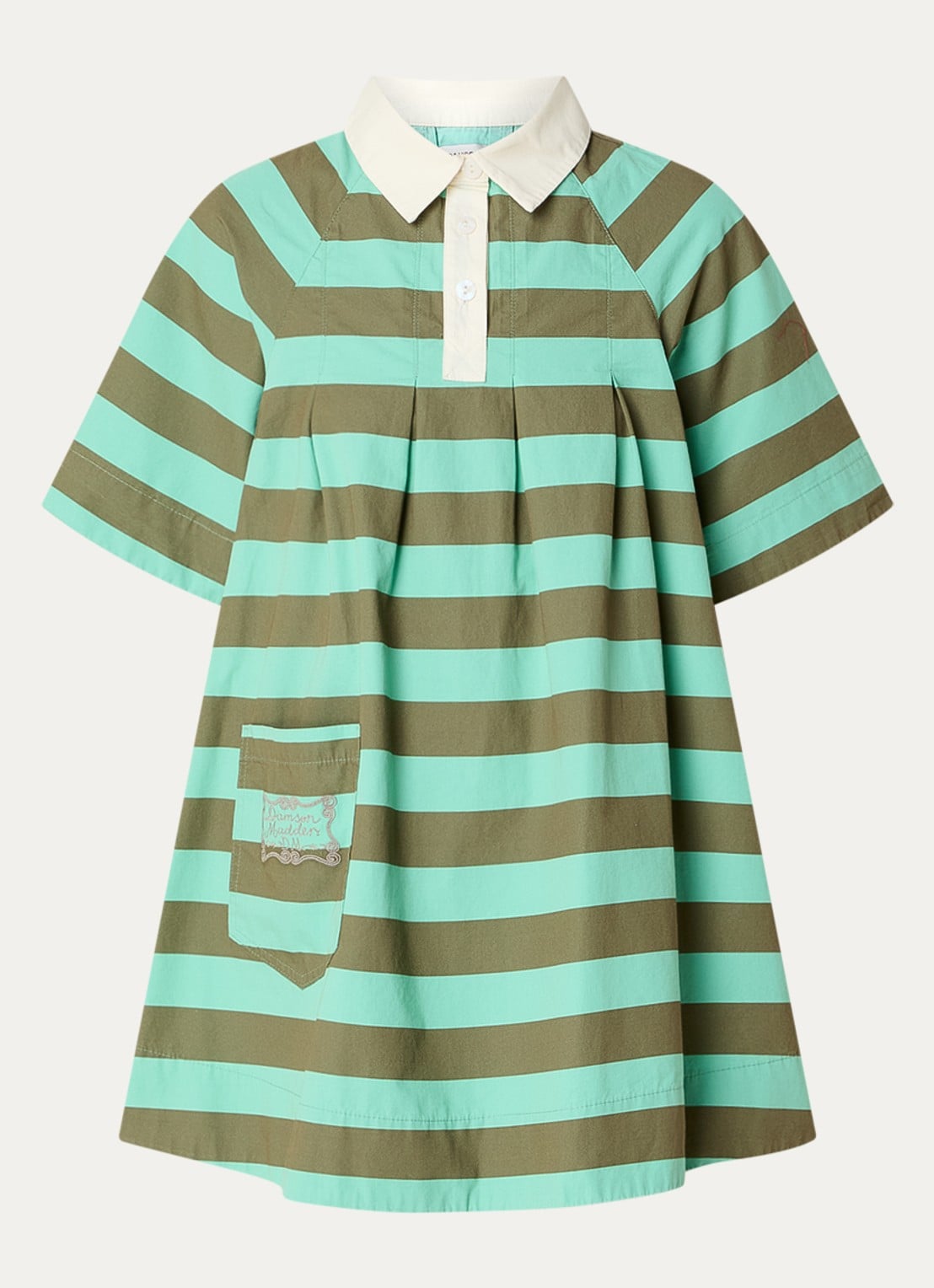 Damson Madder Maggi mini jurk met polokraag en streepdessin  - voorkant 2 groen