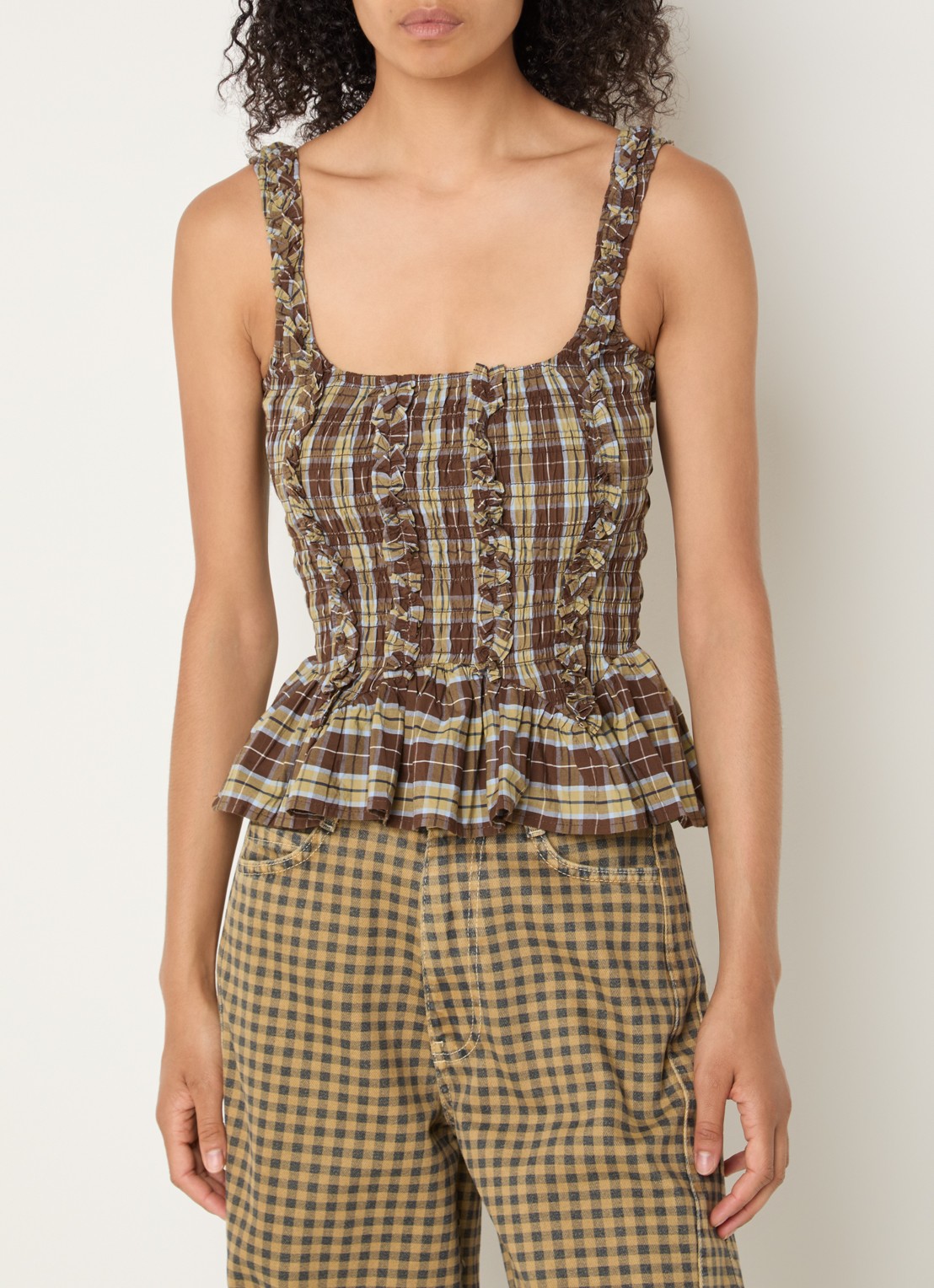 Damson Madder Taphi top met ruitdessin - detail 4 bruin