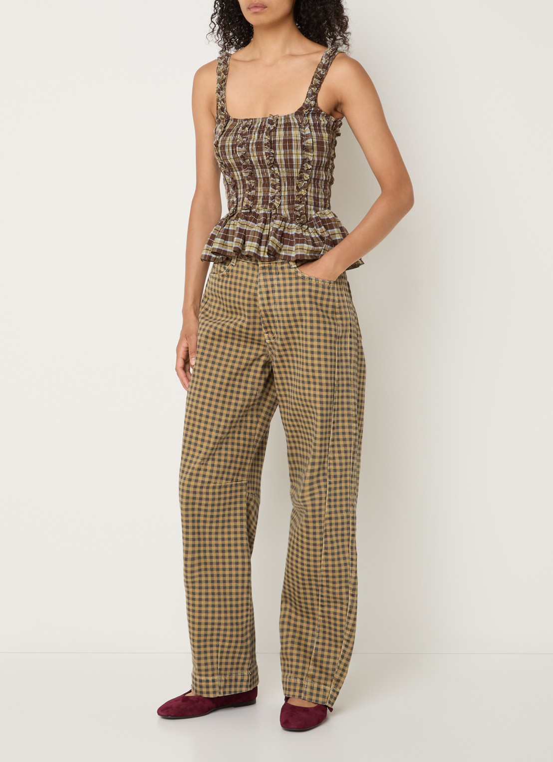 Damson Madder Taphi top met ruitdessin - voorkant 2 bruin