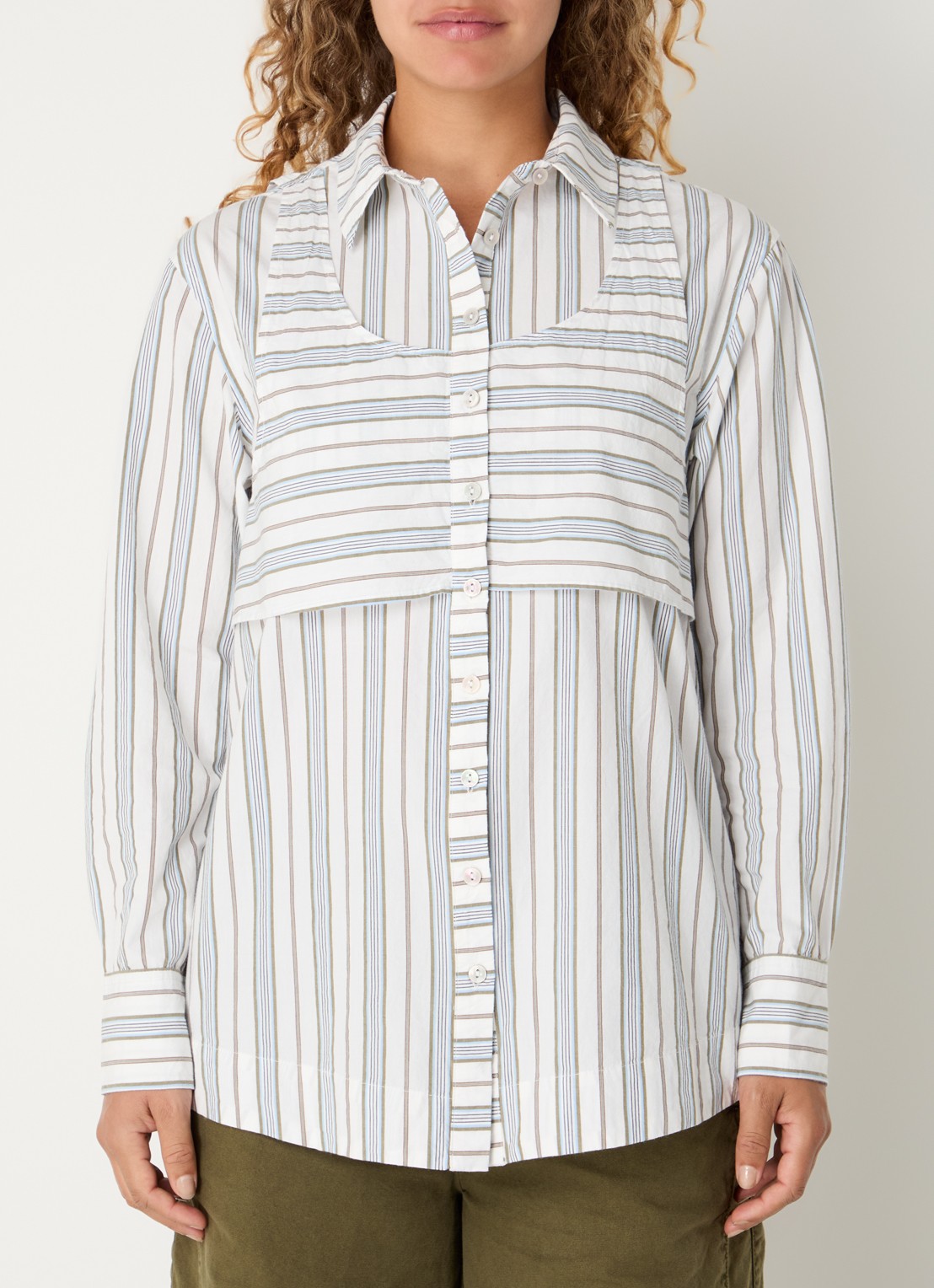 Damson Madder Valeria oversized blouse met streepprint - detail 2 gebroken wit