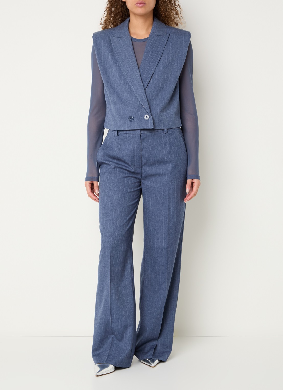 Dante 6 Alain mid waist wide fit pantalon met krijtstreep - voorkant 3 indigo