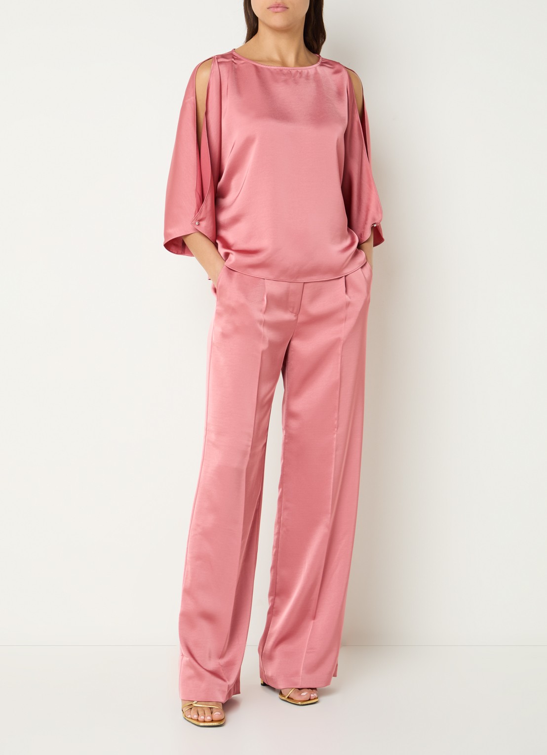 Dante 6 High waist wide fit pantalon van satijn  - voorkant 2 roze