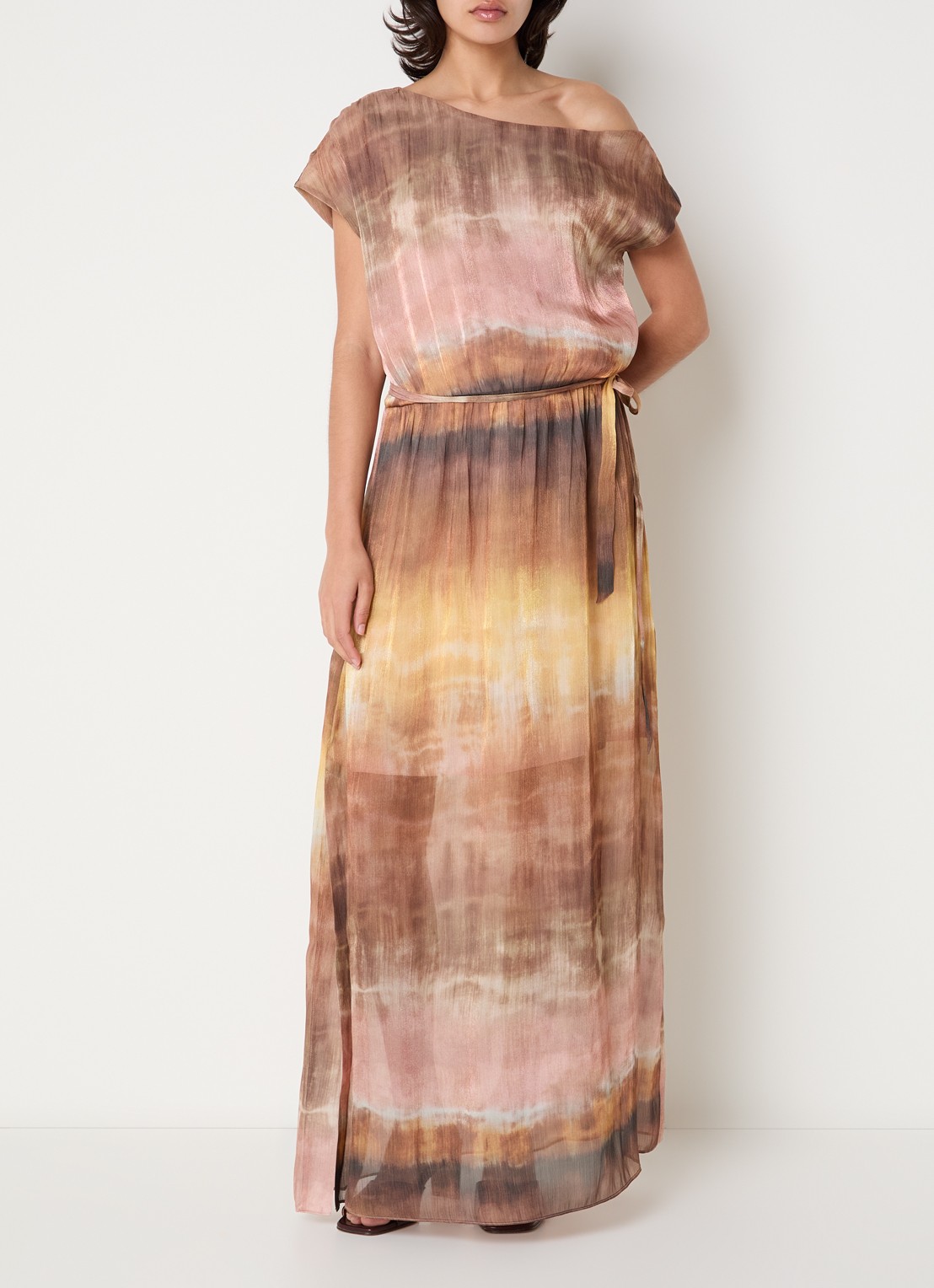 Dante 6 Kylan one shoulder maxi jurk met lurex en print - detail 3 lichtbruin