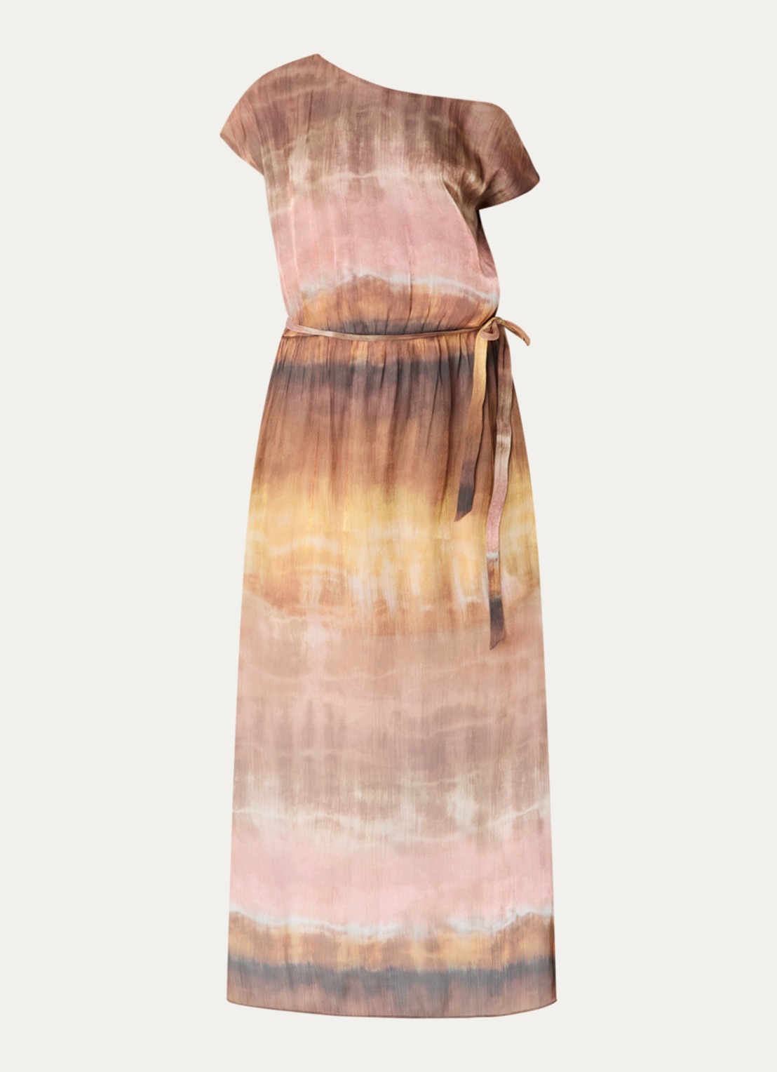 Dante 6 Kylan one shoulder maxi jurk met lurex en print - voorkant lichtbruin
