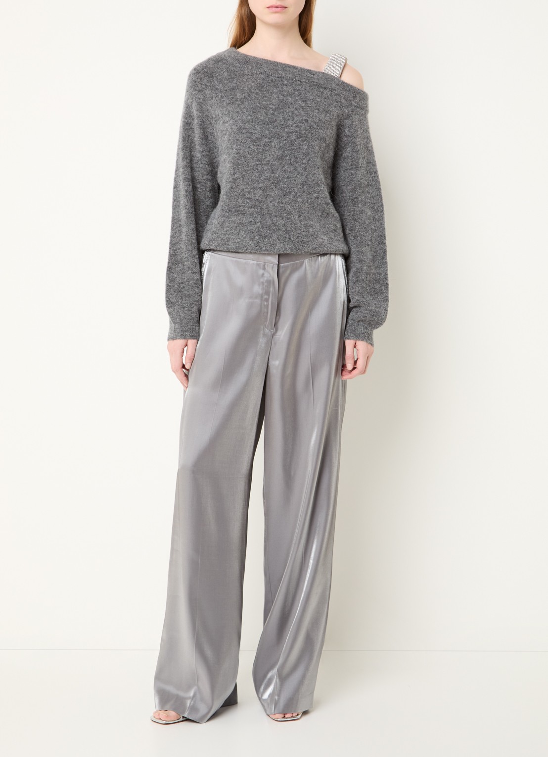 Dante 6 Purity mid waist wide fit pantalon met glanzende finish - voorkant 4 zilver