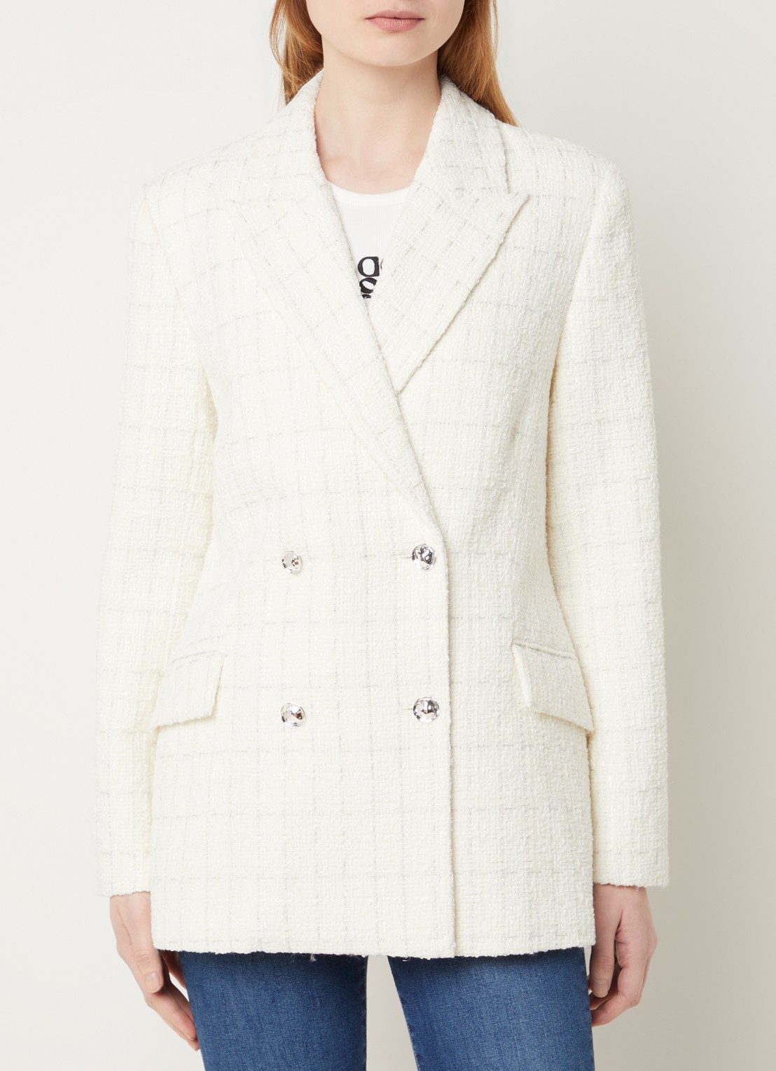Dante 6 Renoir double-breasted blazer van bouclé met klepzakken  - detail creme