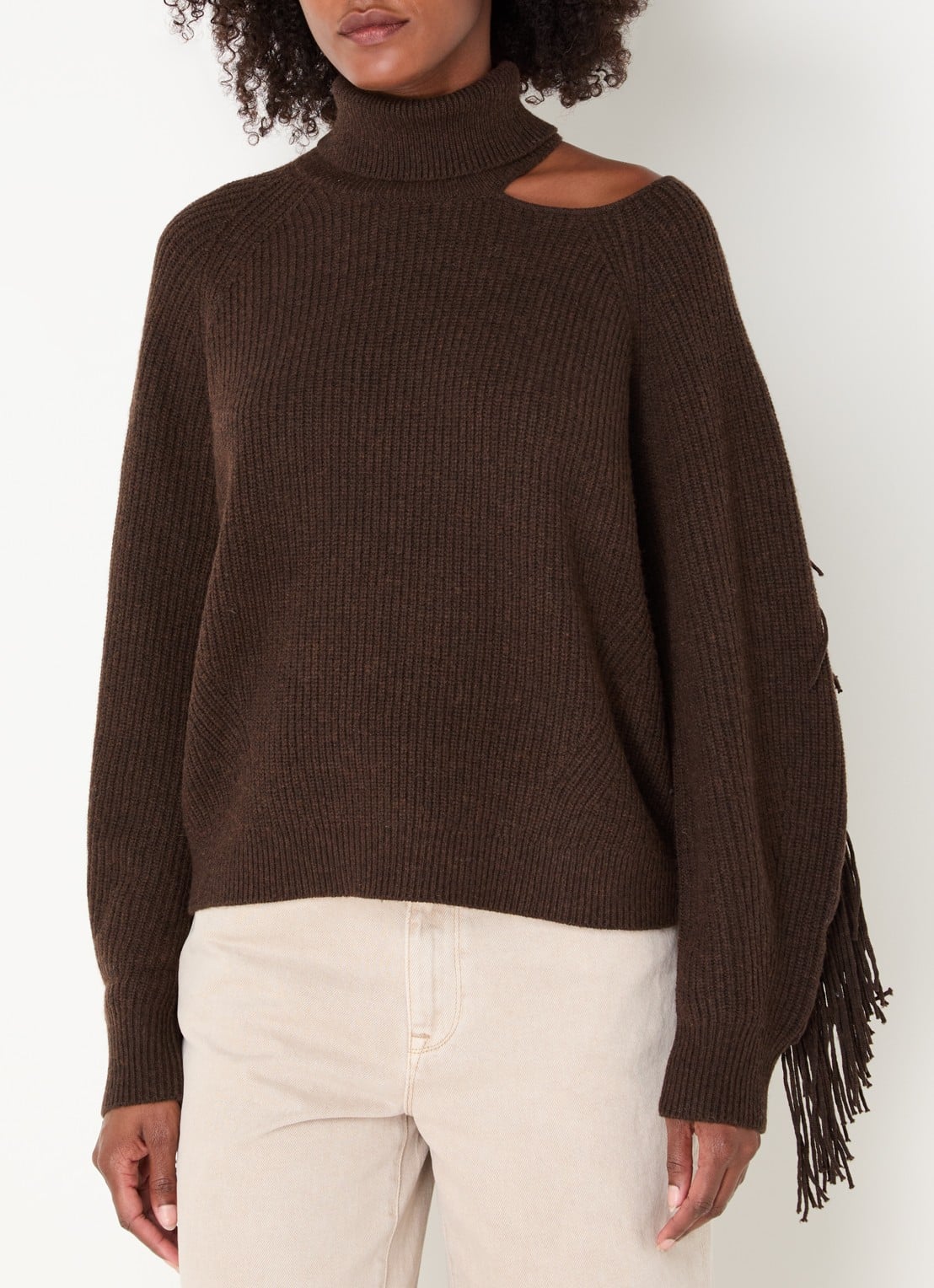 Dante 6 Siega ribgebreide trui in merino wolblend met col - detail donkerbruin