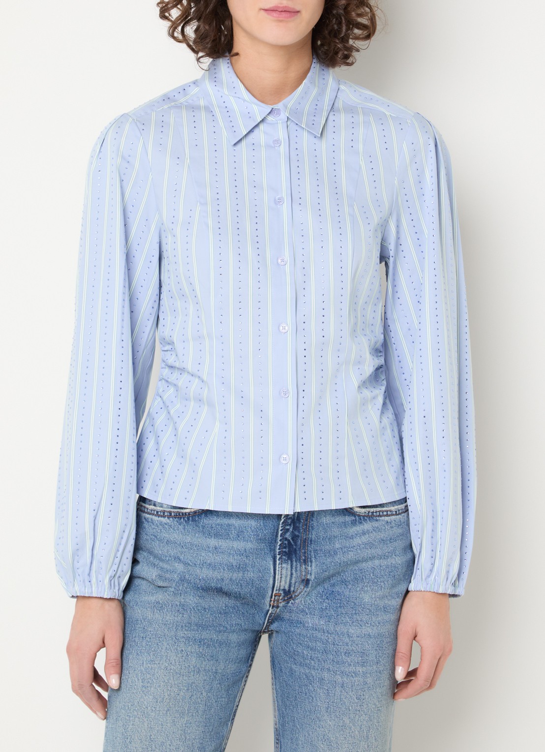 Dante 6 Therese blouse met strass en streepprint - detail 4 lichtblauw