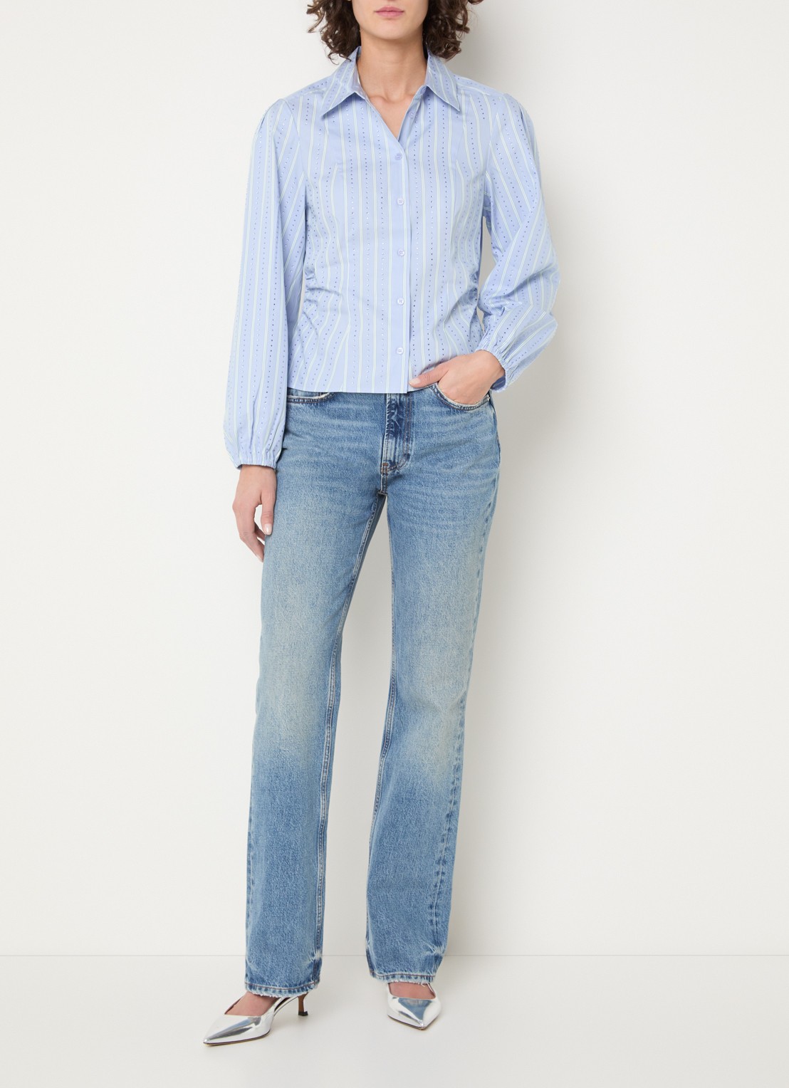 Dante 6 Therese blouse met strass en streepprint - voorkant 3 lichtblauw