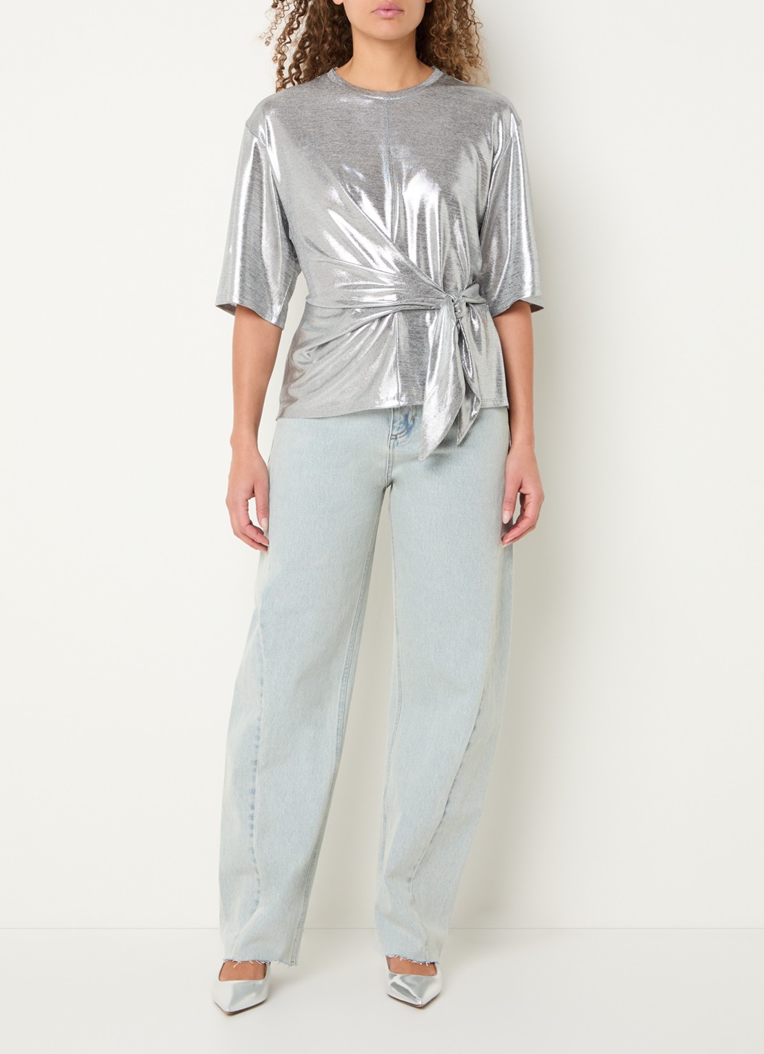 Dante 6 Uxia top met metallic finish en geknoopt detail - voorkant 3 zilver