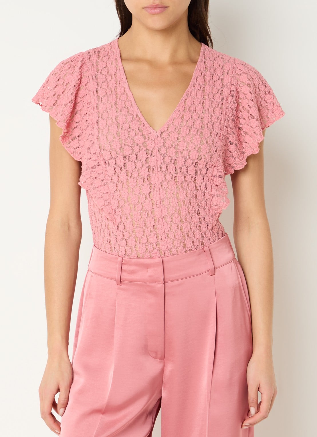 Dante 6 Viev top van kant met V-hals - detail 4 roze