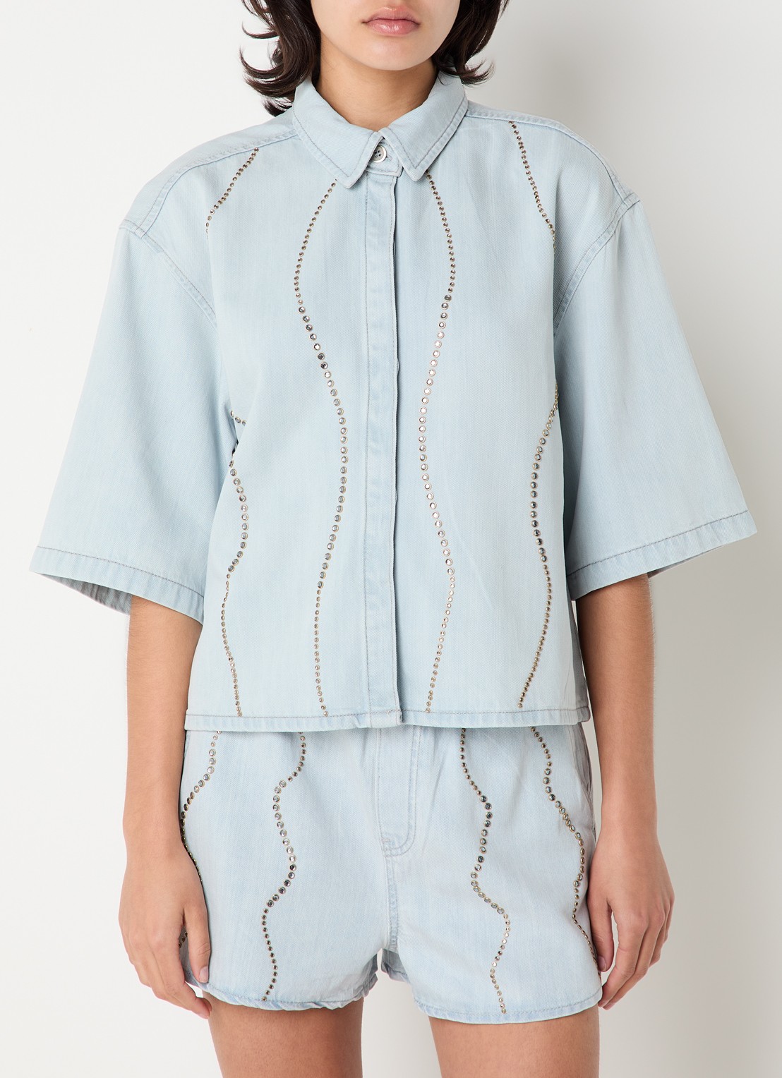Dante 6 Zofia blouse van denim met pailletten  - detail 2 indigo