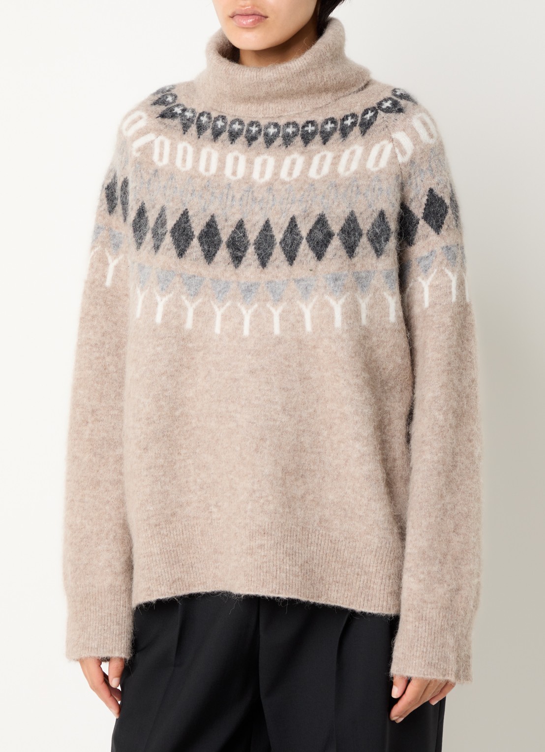 Day Birger et Mikkelsen Dayreidar grofgebreide trui in alpaca wolblend met col - detail 2 lichtbruin