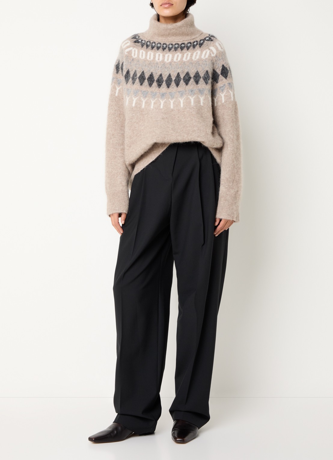 Day Birger et Mikkelsen Dayreidar grofgebreide trui in alpaca wolblend met col - voorkant 4 lichtbruin