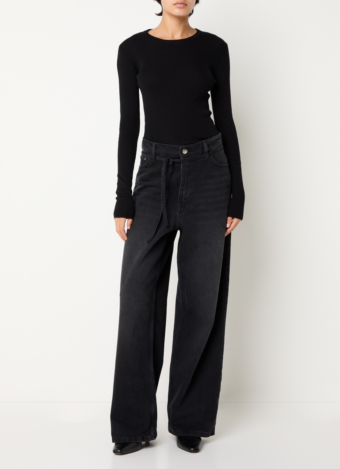 Day Birger et Mikkelsen Mariana longsleeve van merinowol met ribstructuur - voorkant 4 zwart