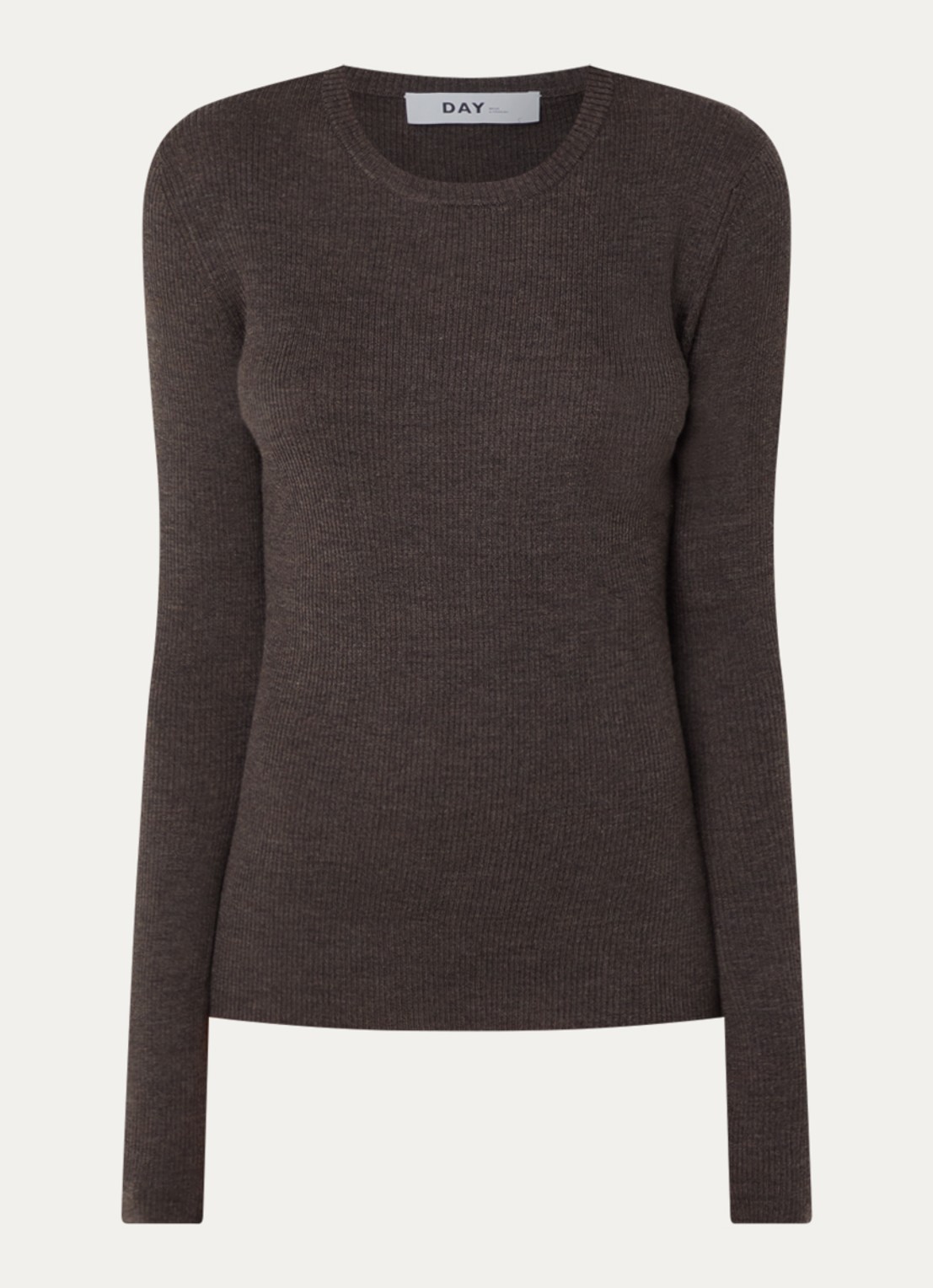Day Birger et Mikkelsen Mariana longsleeve van merinowol met ribstructuur - voorkant 2 donkerbruin