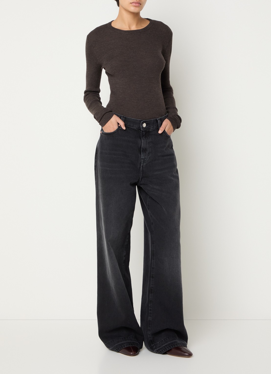 Day Birger et Mikkelsen Mariana longsleeve van merinowol met ribstructuur - voorkant 3 donkerbruin