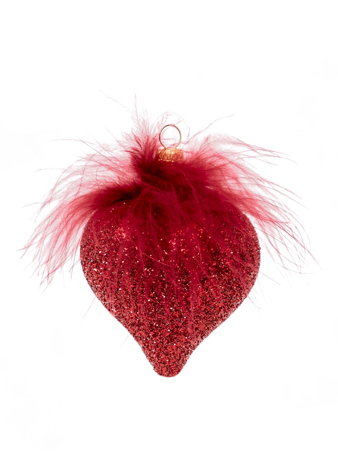 de Bijenkorf Home Hart kersthanger met glitter en veren 9 cm - voorkant cranberryrood