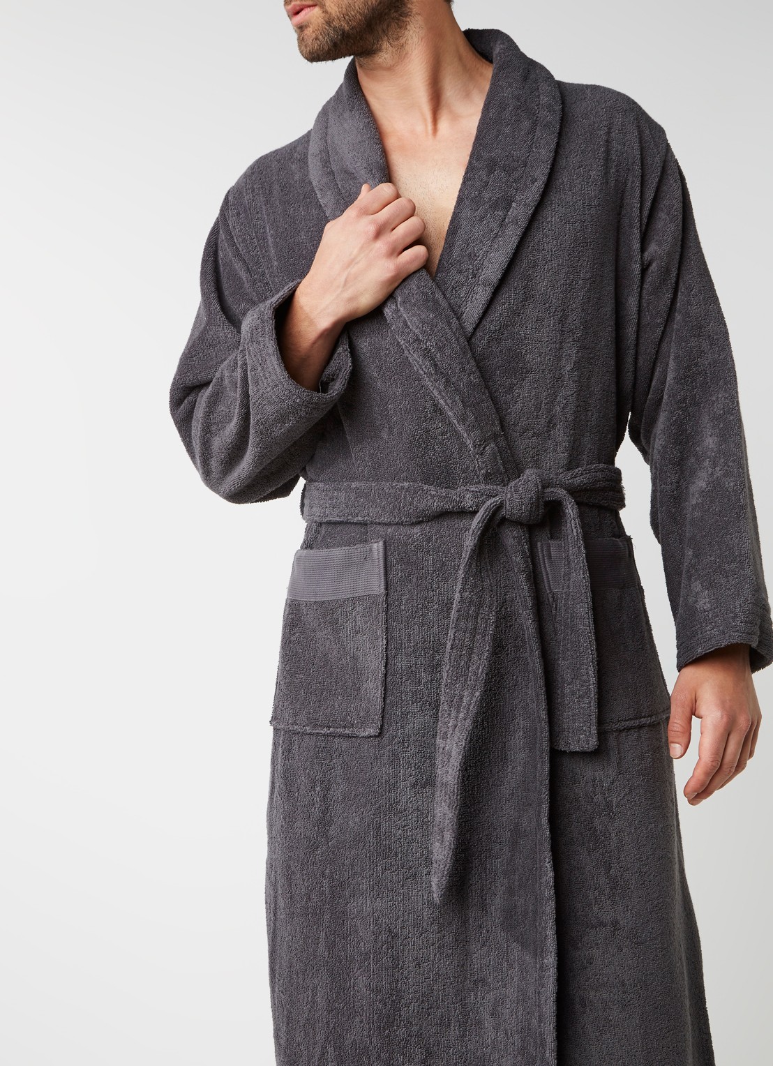 de Bijenkorf Home  Softness badjas van  katoen - unisex - detail 4 antraciet