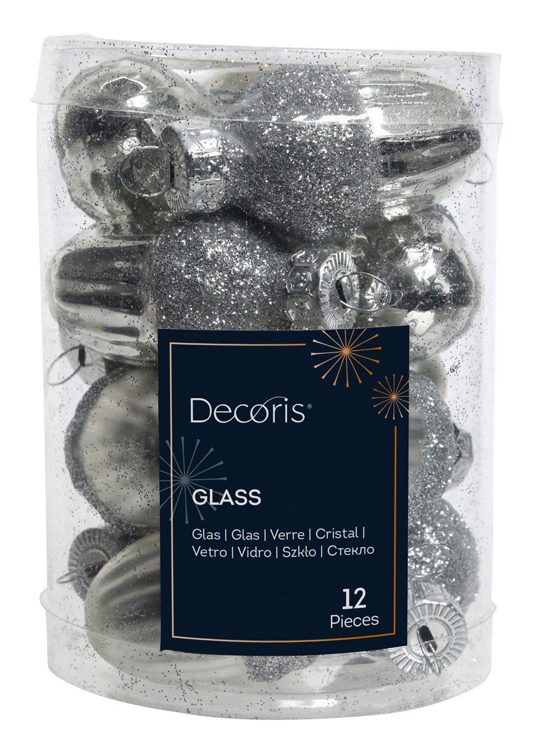 Decoris Eikel kerstbal 4 cm set van 12 - voorkant zilver