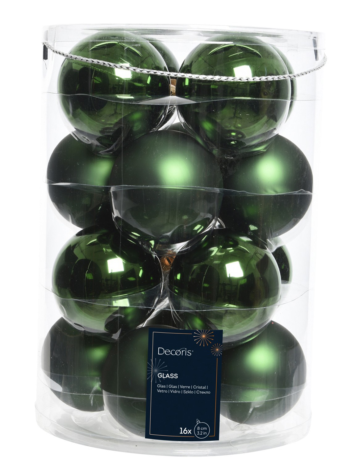 Decoris Kerstbal 8 cm set van 16 - voorkant donkergroen