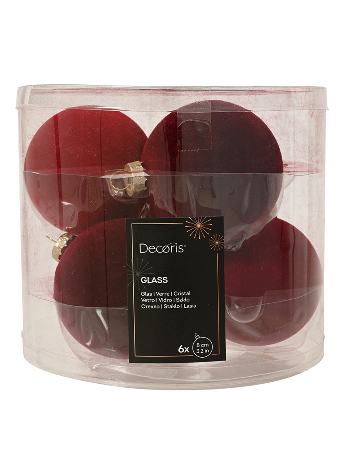 Decoris Kerstbal 8 cm set van 6 - voorkant rood