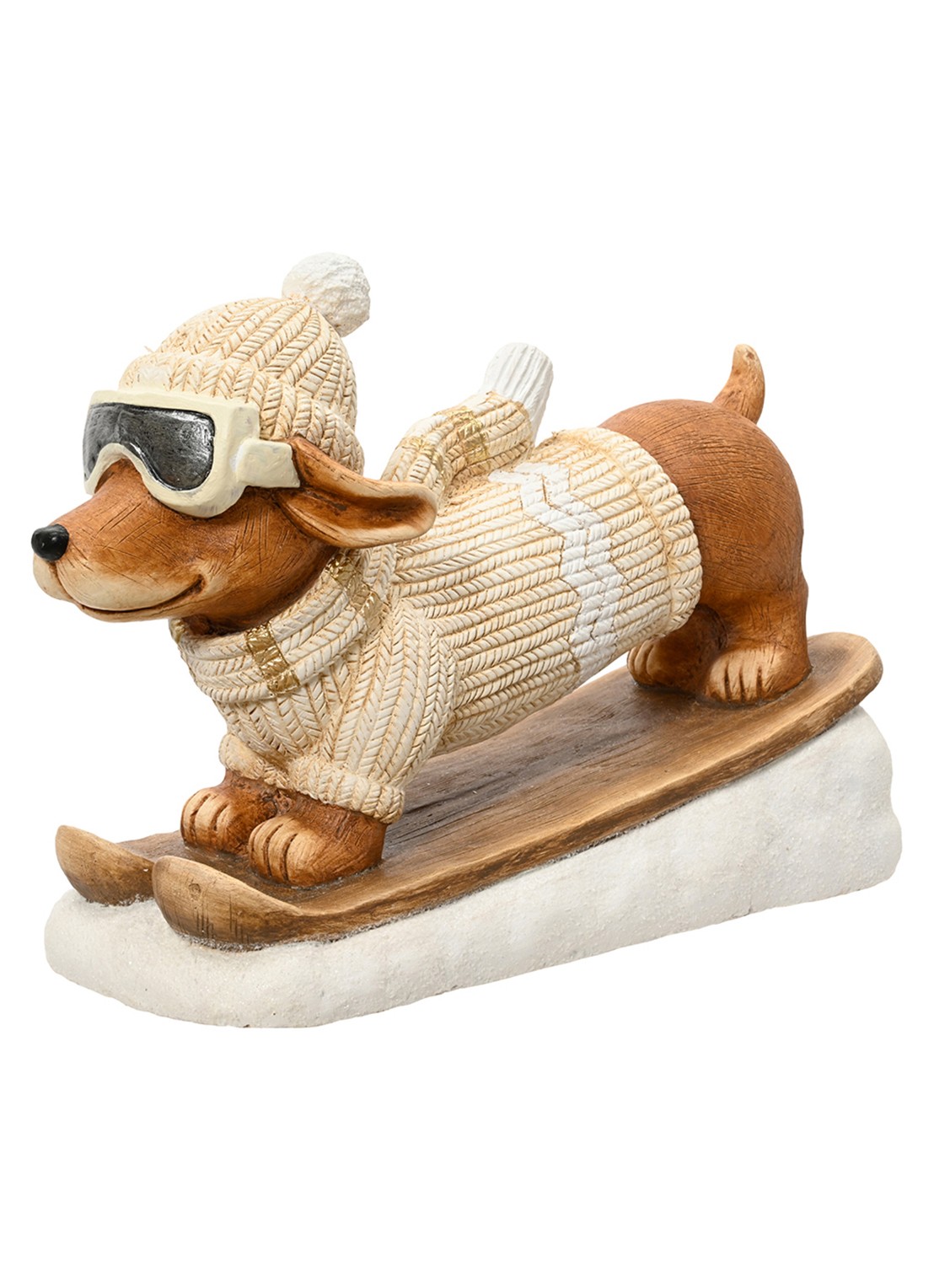 Decoris Teckel op skies ornament 34 cm - voorkant bruin