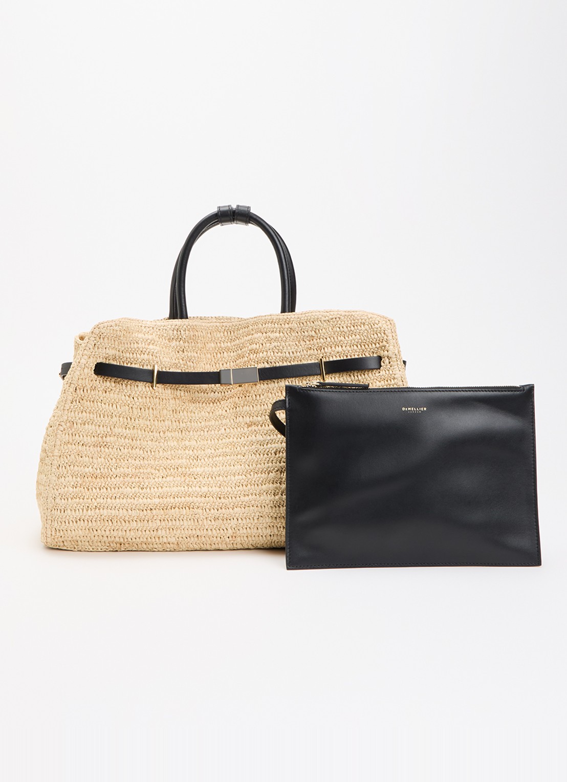 DeMellier The Hudson handtas van raffia met leren details  - voorkant beige