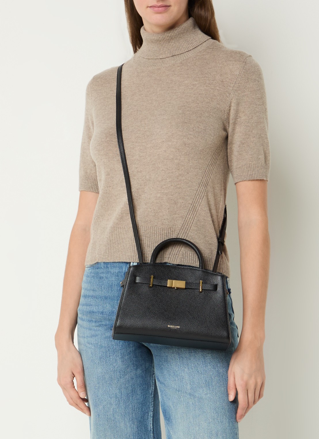 DeMellier The Hudson Small handtas van leer met afneembare schouderriem - voorkant 7 zwart