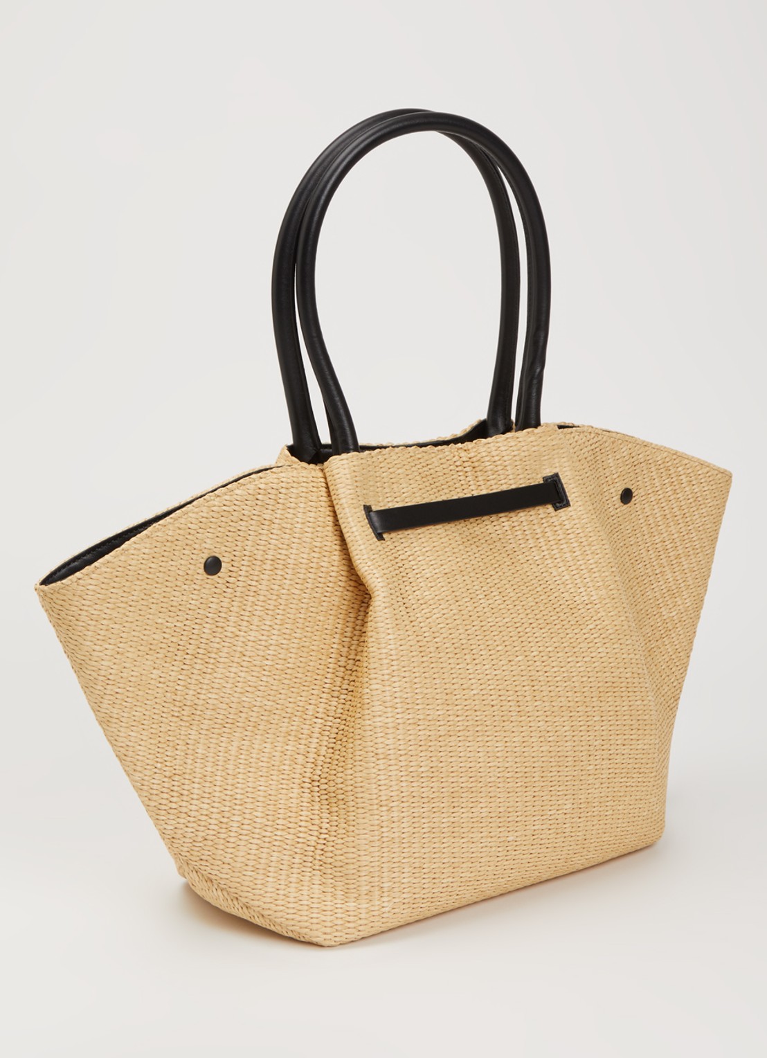 DeMellier The New York schoudertas van raffia met details van leer - achterkant beige