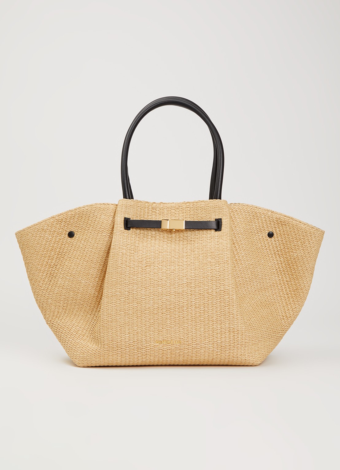 DeMellier The New York schoudertas van raffia met details van leer - voorkant 2 beige