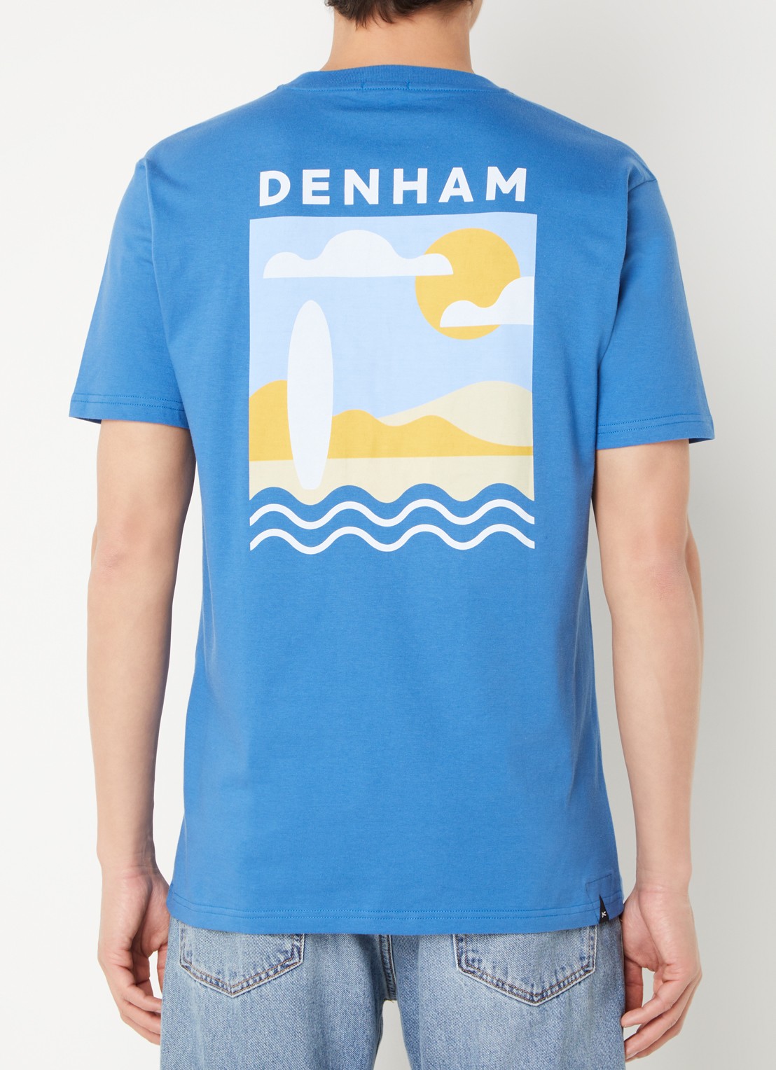 Denham Dev T-shirt met logo- en backprint - detail kobaltblauw