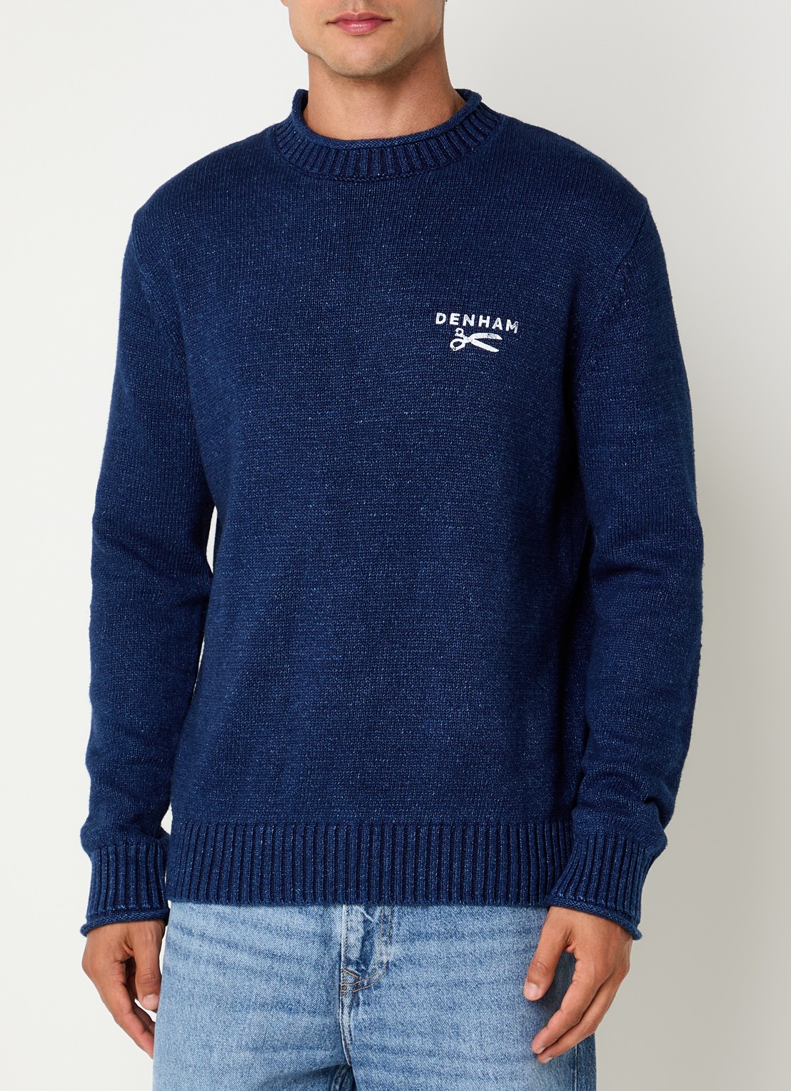 Denham Fijngebreide trui met logo - detail 4 donkerblauw
