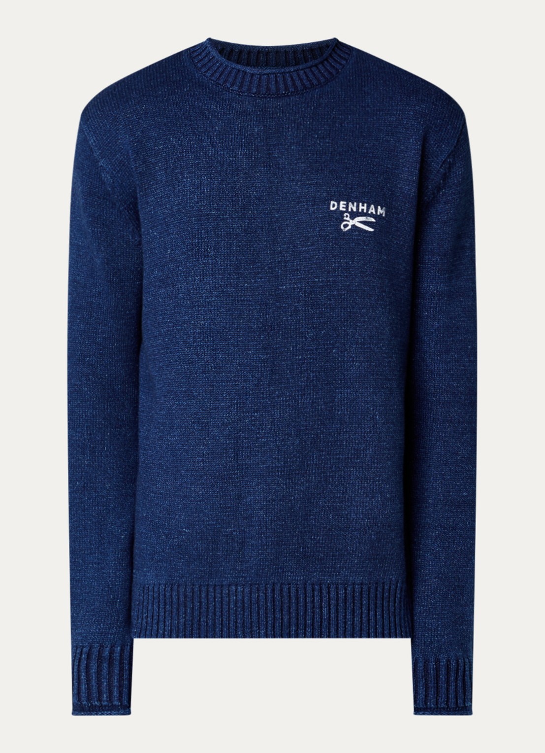 Denham Fijngebreide trui met logo - voorkant 2 donkerblauw