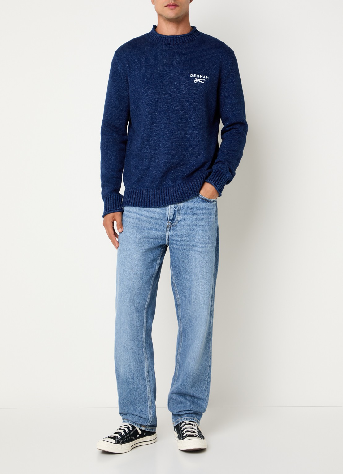 Denham Fijngebreide trui met logo - voorkant 3 donkerblauw