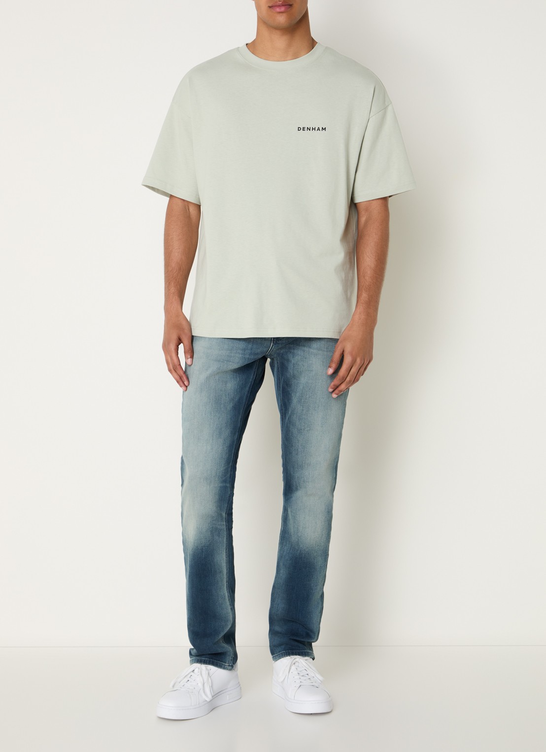 Denham Flowy T-shirt met logo- en backprint - voorkant 3 lindegroen