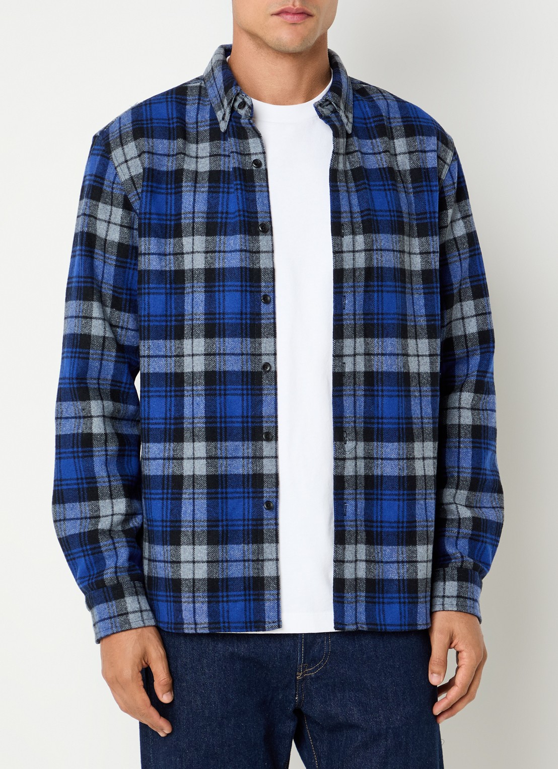Denham Joe overshirt in wolblend met ruitdessin - detail royalblauw