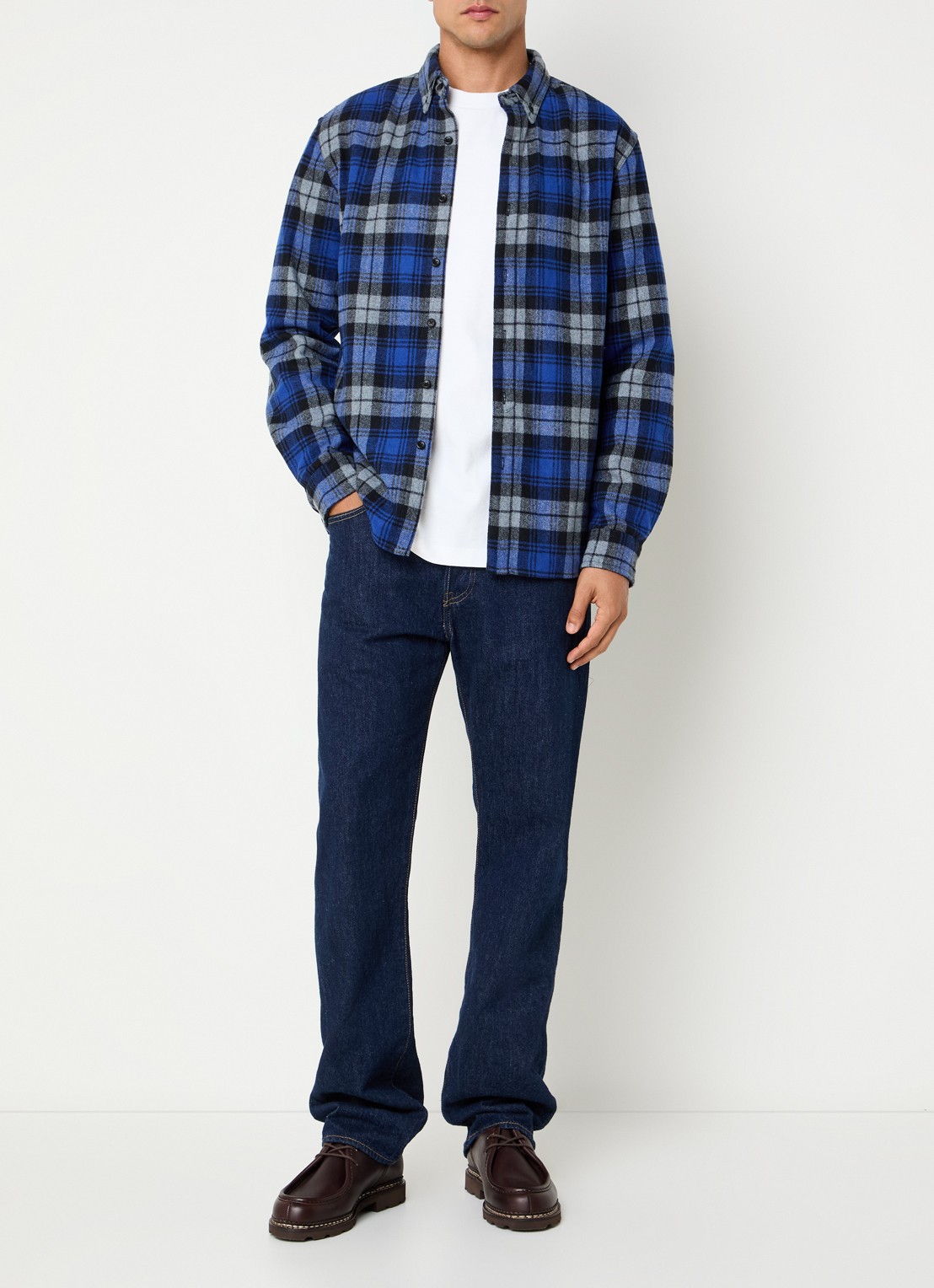 Denham Joe overshirt in wolblend met ruitdessin - voorkant 3 royalblauw