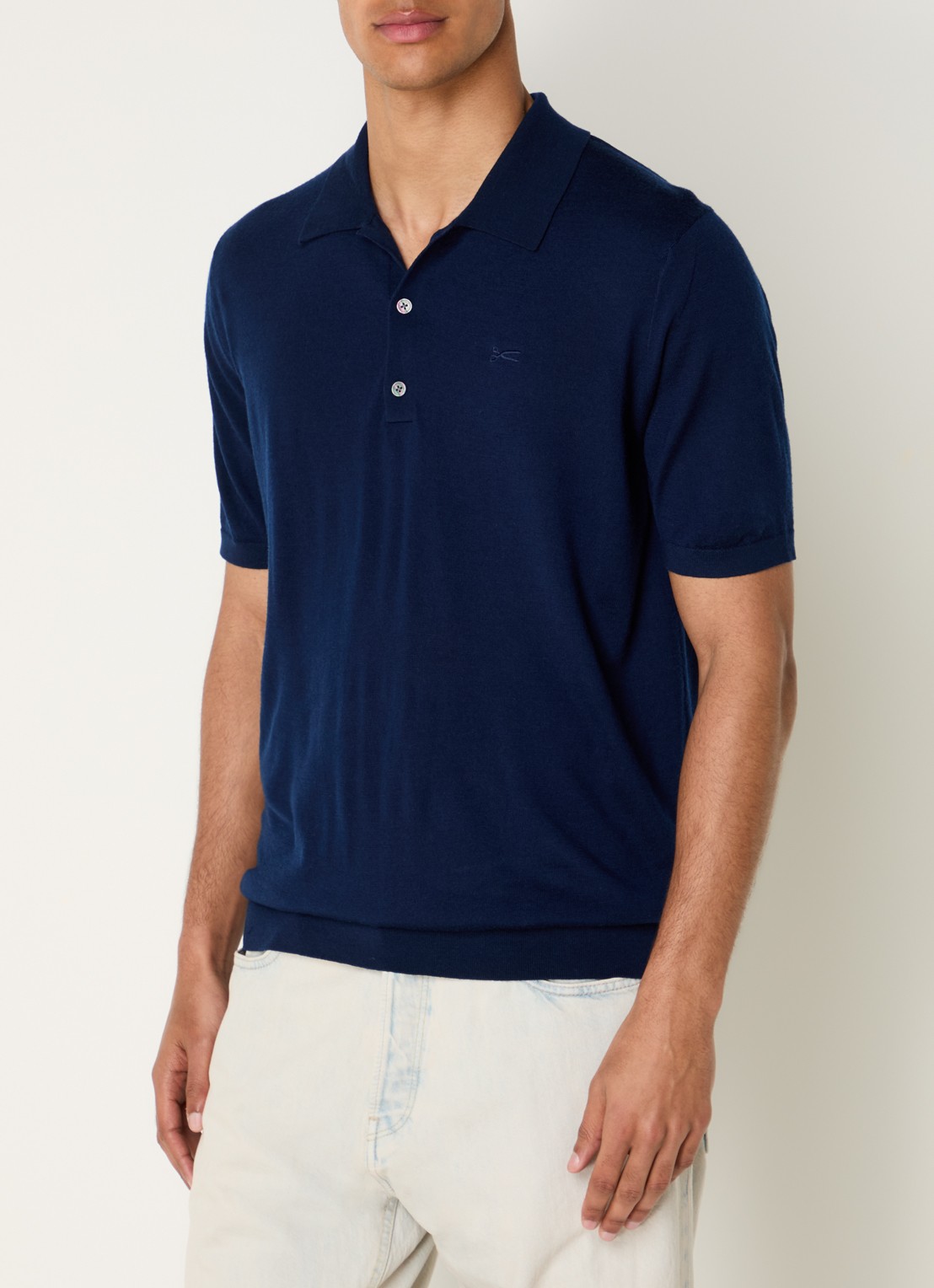 Denham Regular fit polo van wol met logoborduring - detail donkerblauw