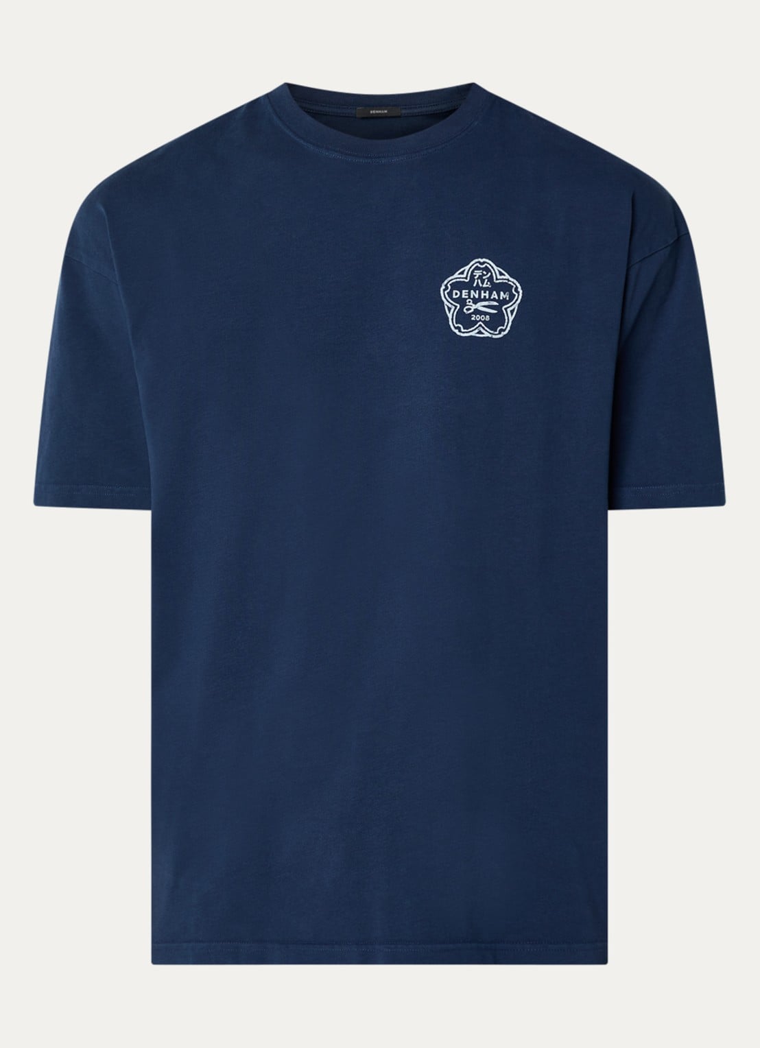 Denham Sake T-shirt met logo- en backprint - voorkant 3 donkerblauw