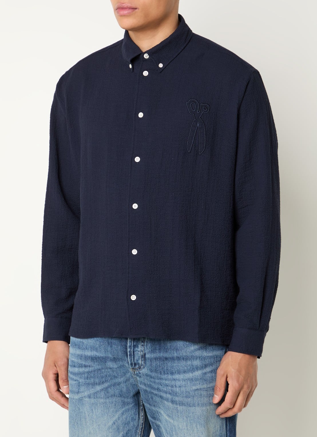 Denham Scissor regular fit overhemd van piqué katoen - detail donkerblauw