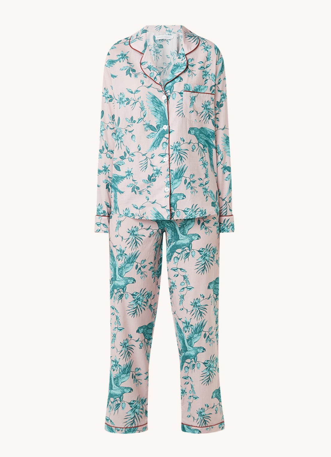 Desmond & Dempsey Parrot pyjamaset van  katoen - voorkant oudroze